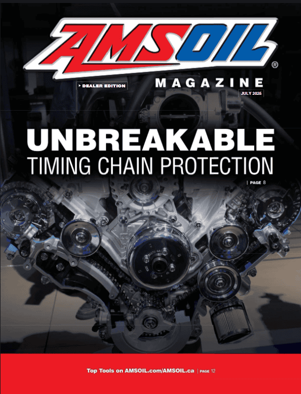 car engine as cover image of Amsoil dealer magazine july 2025