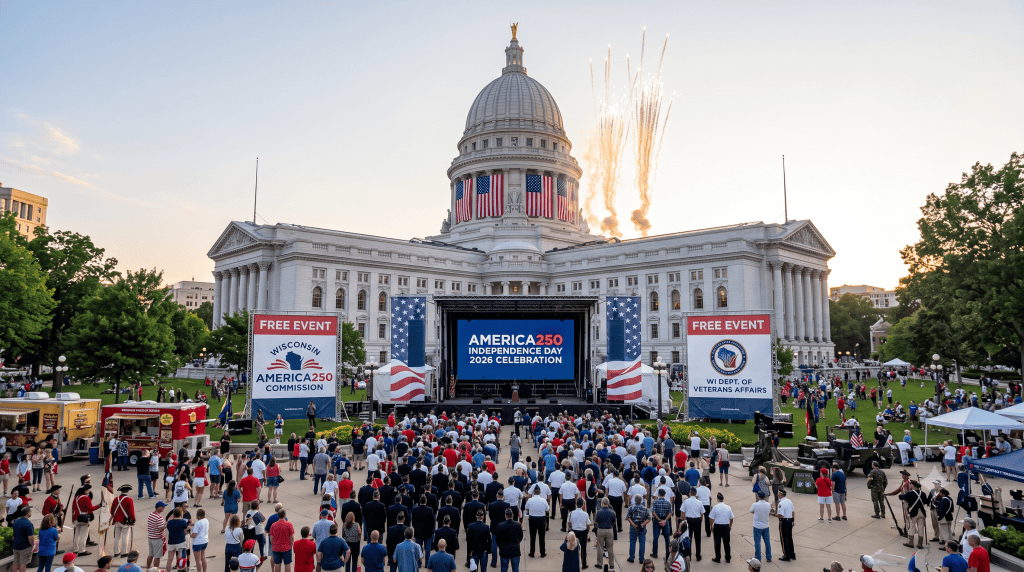 Independence Day 2026 celebration at the Wisconsin State Capitol in Madison, shown a a photo-realistic rendition of the Wisconsin State Capitol surrounded by citizens celebrating America's 250th Anniversary. Please use this AI Generated image free of charge with attribution.